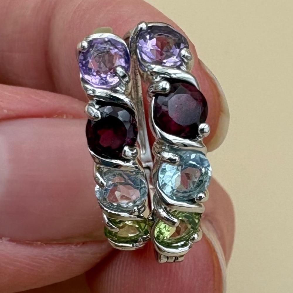 VTG 925 Sterling Silver Multi-Gemstone Wave Hoop Earrings